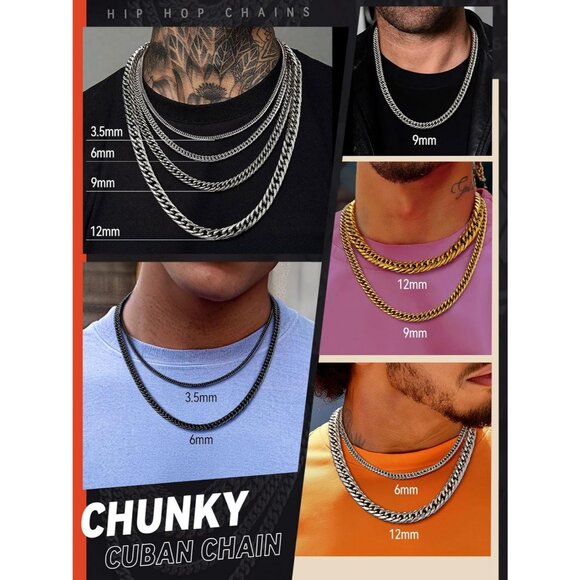 Men's 12mm Silver 14K Gold Plated Stainless Steel Miami Cuban Chain Necklaces - Picture 6 of 7